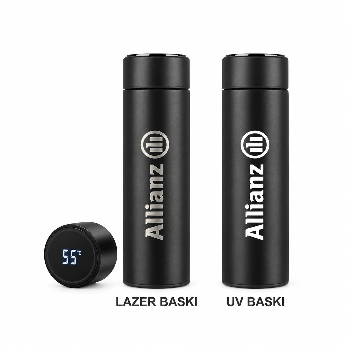 Siyah mat ipeksi çelik termosta Allianz logosu ile metalik lazer kazıma ve beyaz UV baskı karşılaştırması