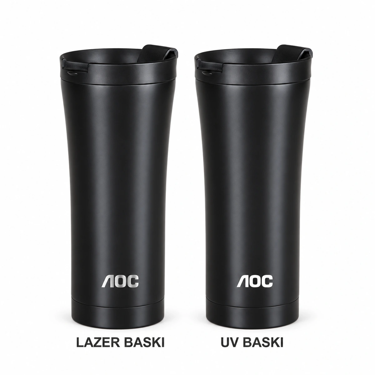 Siyah mat ipeksi AOC termosta metalik lazer kazıma ve beyaz UV baskı karşılaştırması
