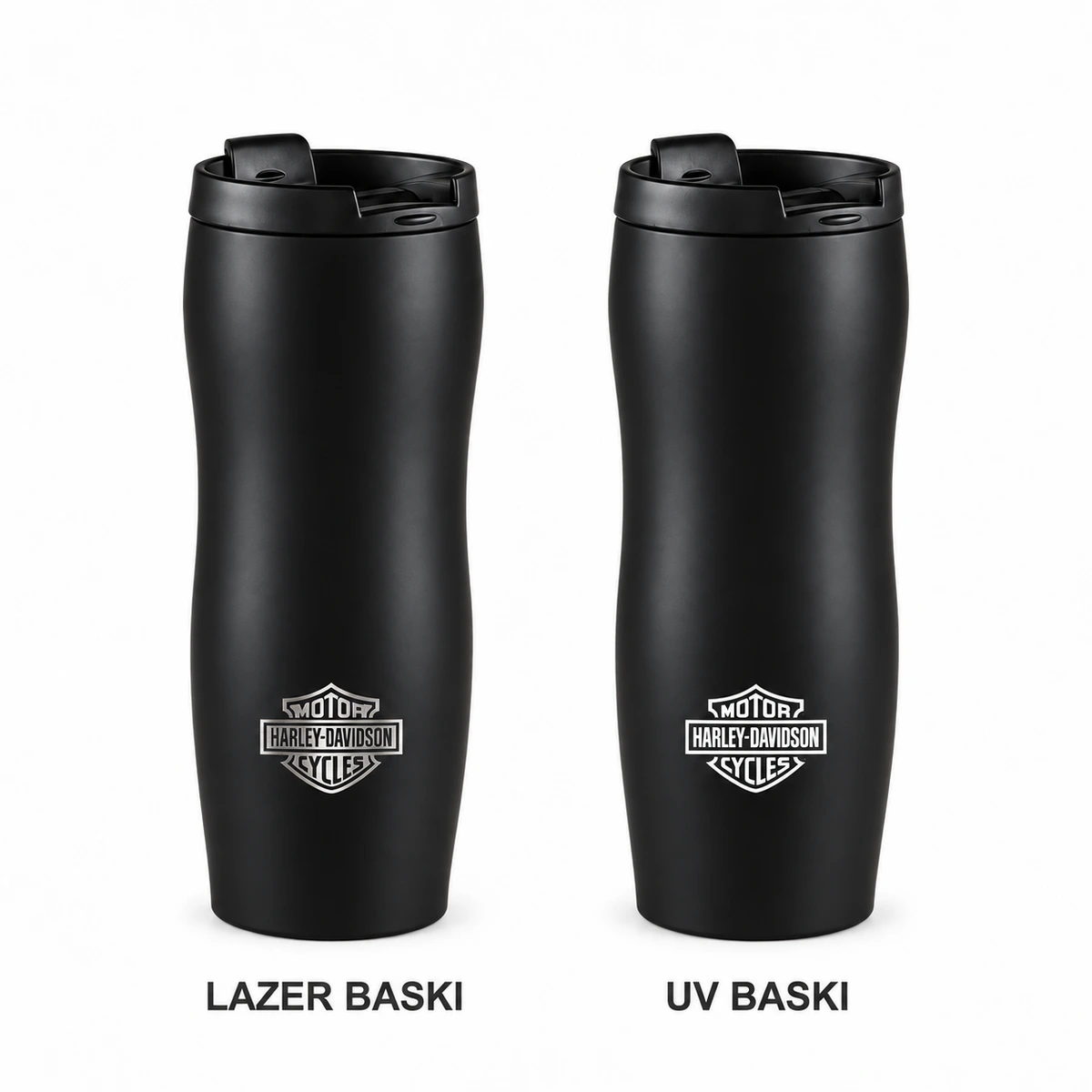 Derin siyah mat ipeksi Harley-Davidson termosta metalik lazer kazıma ve beyaz UV baskı karşılaştırması