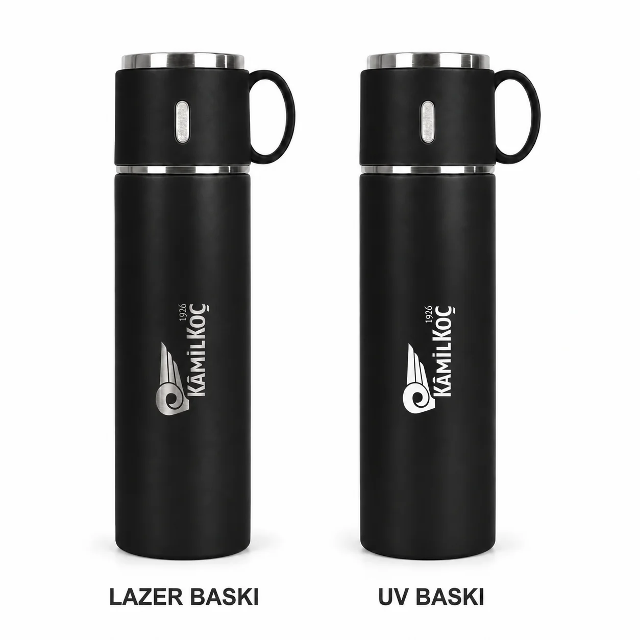 Uzun siyah mat ipeksi Kâmil Koç termoslarda dikey metalik lazer kazıma ve beyaz UV baskı karşılaştırması