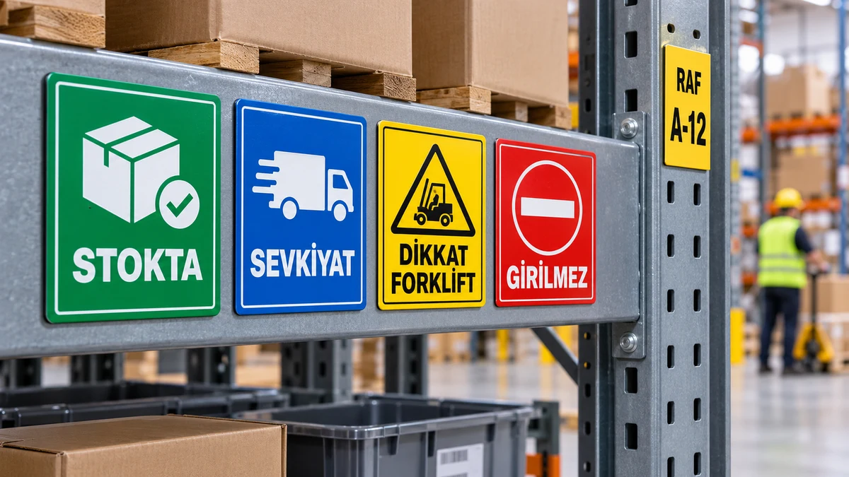 Depo raflarında stok, sevkiyat ve iş güvenliği için kullanılan uyarı ve yönlendirme magnetleri