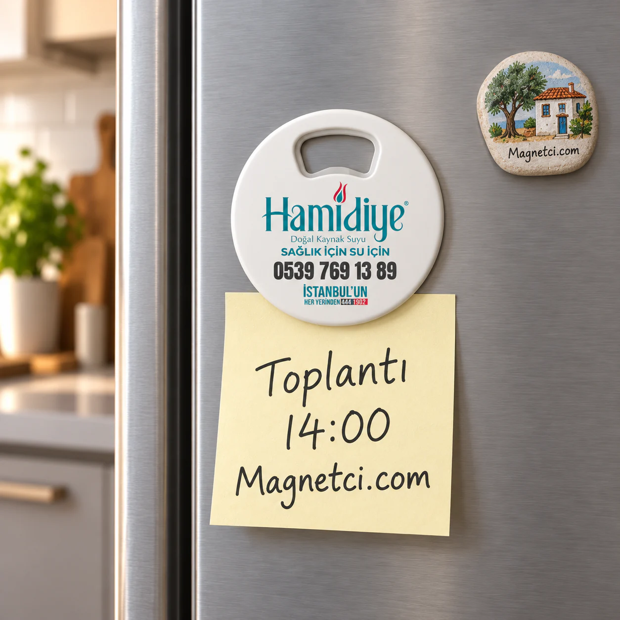 YAM-02 kodlu Yuvarlak Açacak Magnet buzdolabı ve not tutma kullanım senaryosu