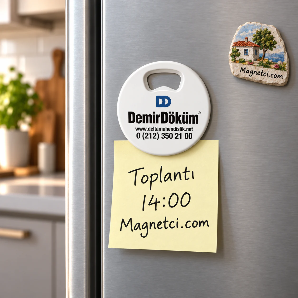 YAM-03 kodlu Yuvarlak Açacak Magnet buzdolabı ve not tutma kullanım senaryosu