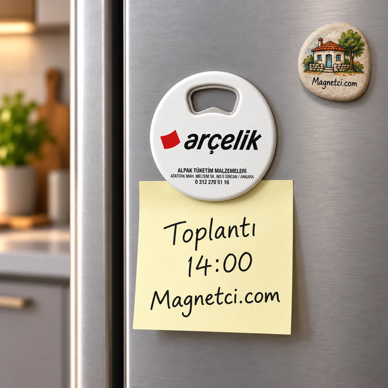 YAM-04 kodlu Yuvarlak Açacak Magnet buzdolabı ve not tutma kullanım senaryosu