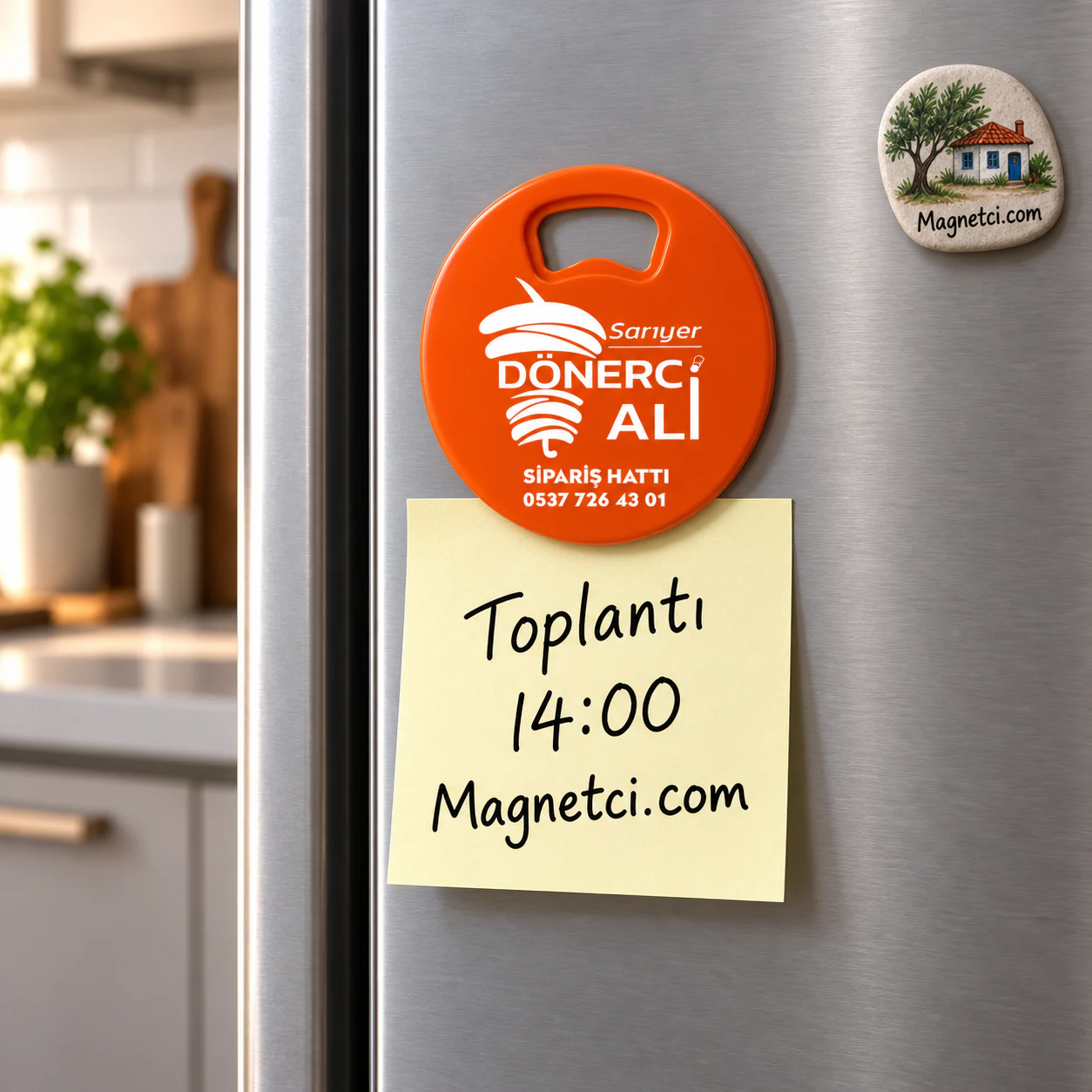 YAM-06 kodlu Yuvarlak Açacak Magnet buzdolabı ve not tutma kullanım senaryosu