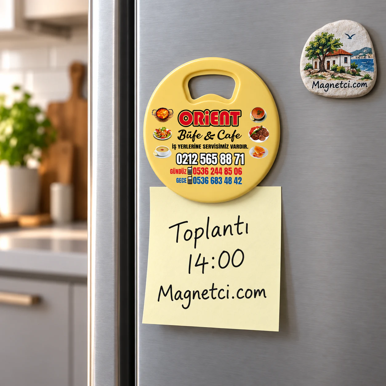 YAM-07 kodlu Yuvarlak Açacak Magnet buzdolabı ve not tutma kullanım senaryosu