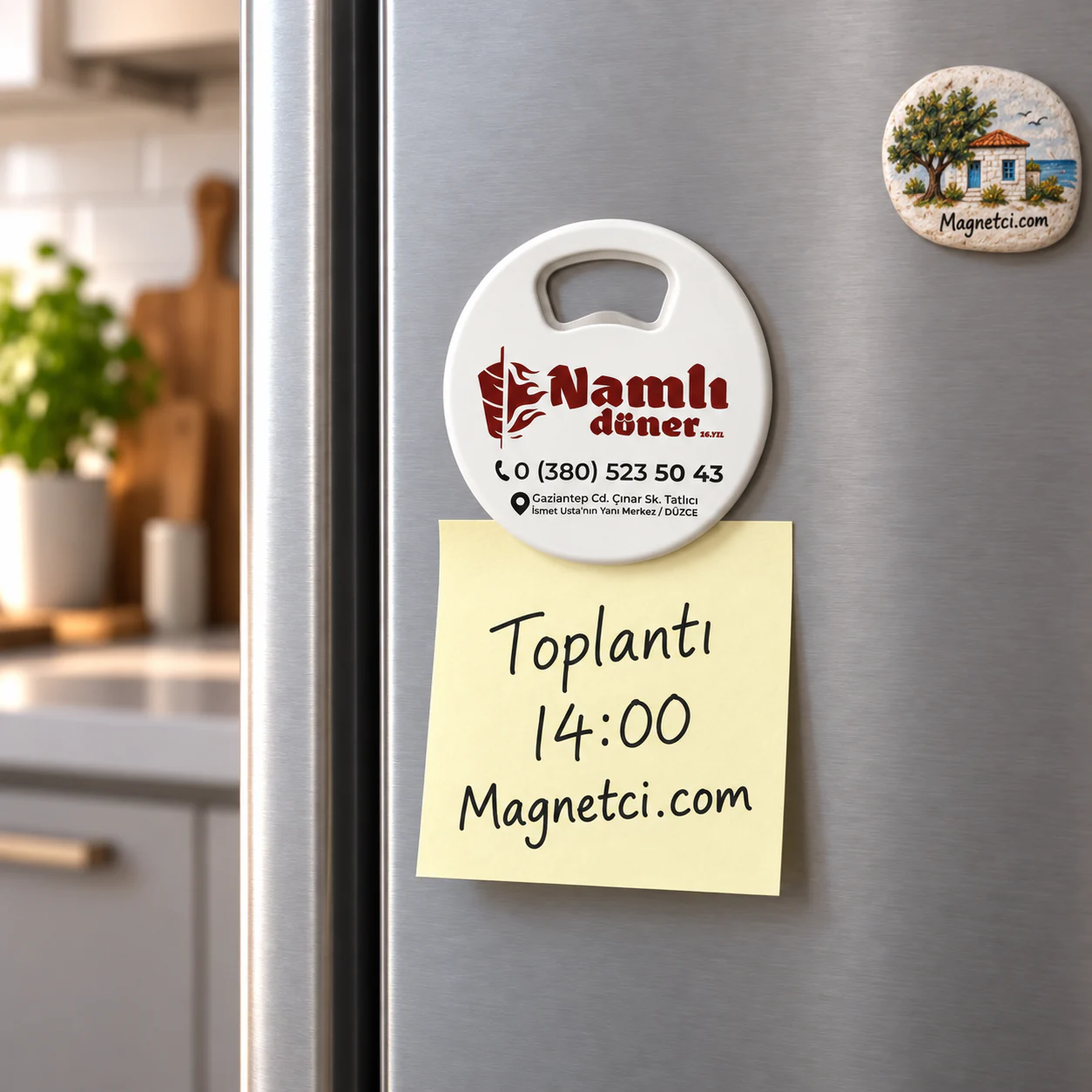 YAM-08 kodlu Yuvarlak Açacak Magnet buzdolabı ve not tutma kullanım senaryosu