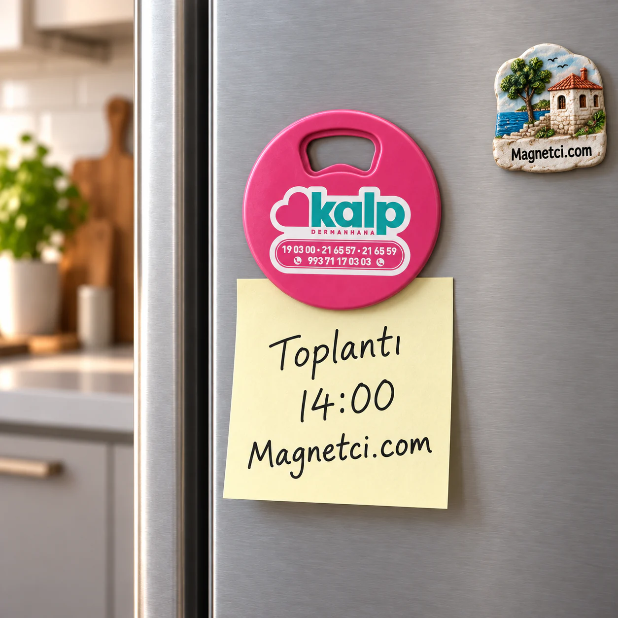 YAM-11 kodlu Yuvarlak Açacak Magnet buzdolabı ve not tutma kullanım senaryosu