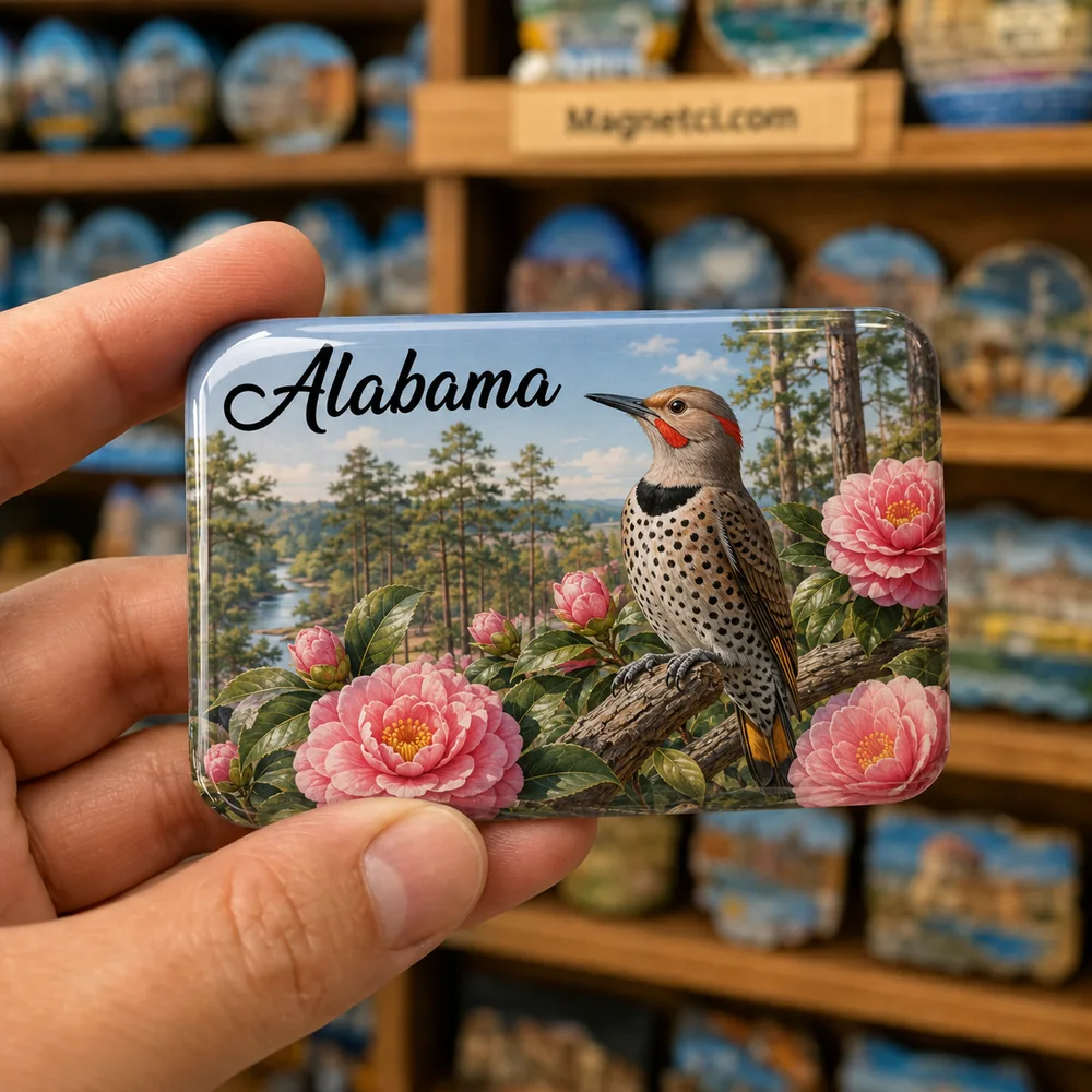 Alabama Genel Eyalet Kuşu ve Kamelya Çiçeği Epoksi Magnet ALA-08