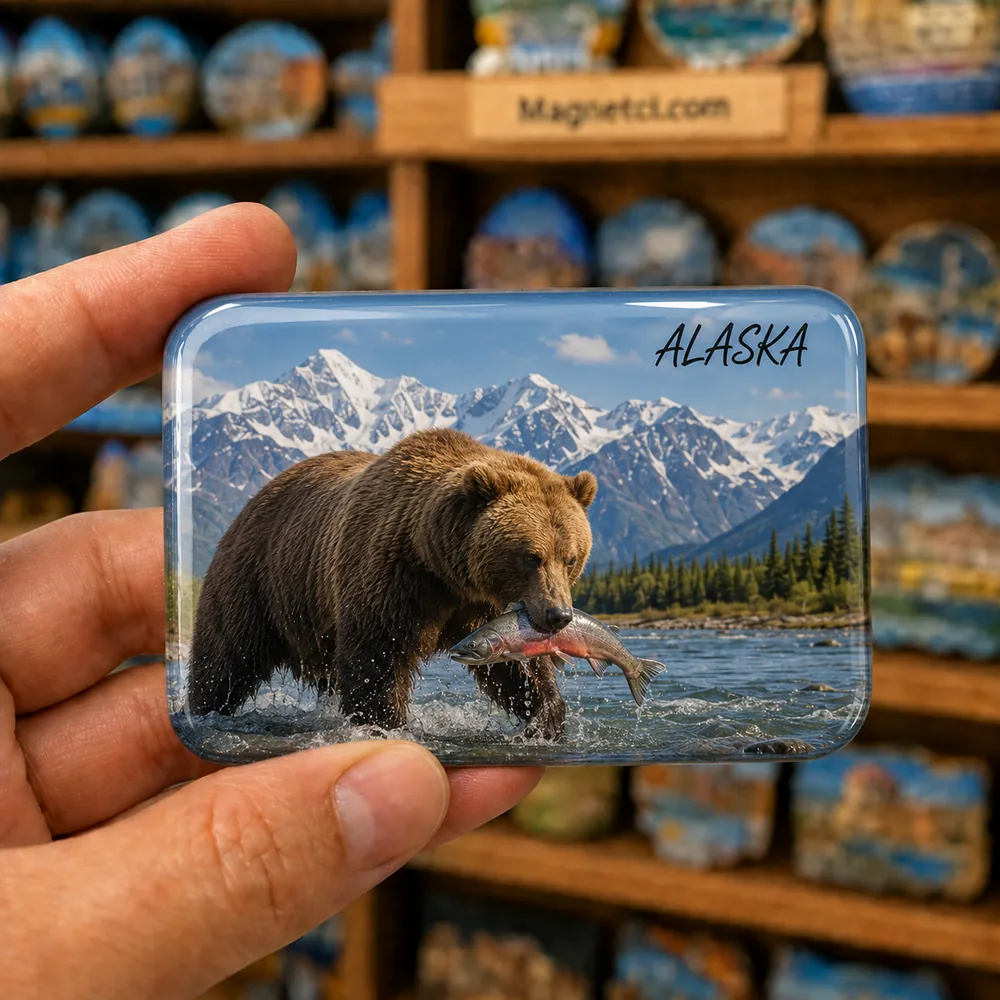 Alaska Genel Anchorage Grizzly Ayısı ve Somon Epoksi Magnet ALK-01