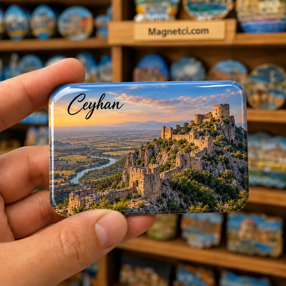 Adana Ceyhan Yılankale ve Şahmeran Kalesi temalı elde tutulan parlak epoksi souvenir magnet