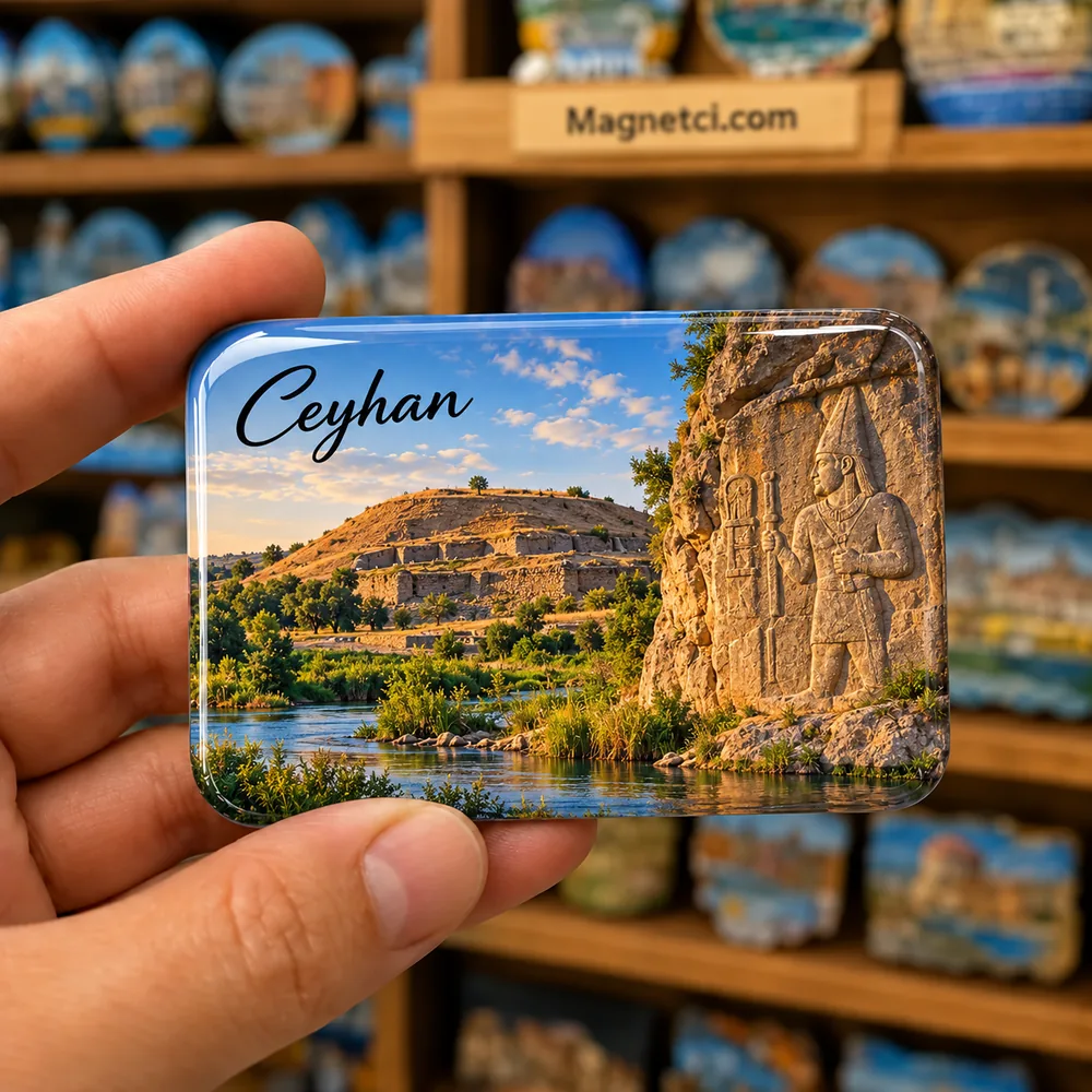 Adana Ceyhan Sirkeli Höyüğü ve Hitit Kabartması temalı elde tutulan parlak epoksi souvenir magnet