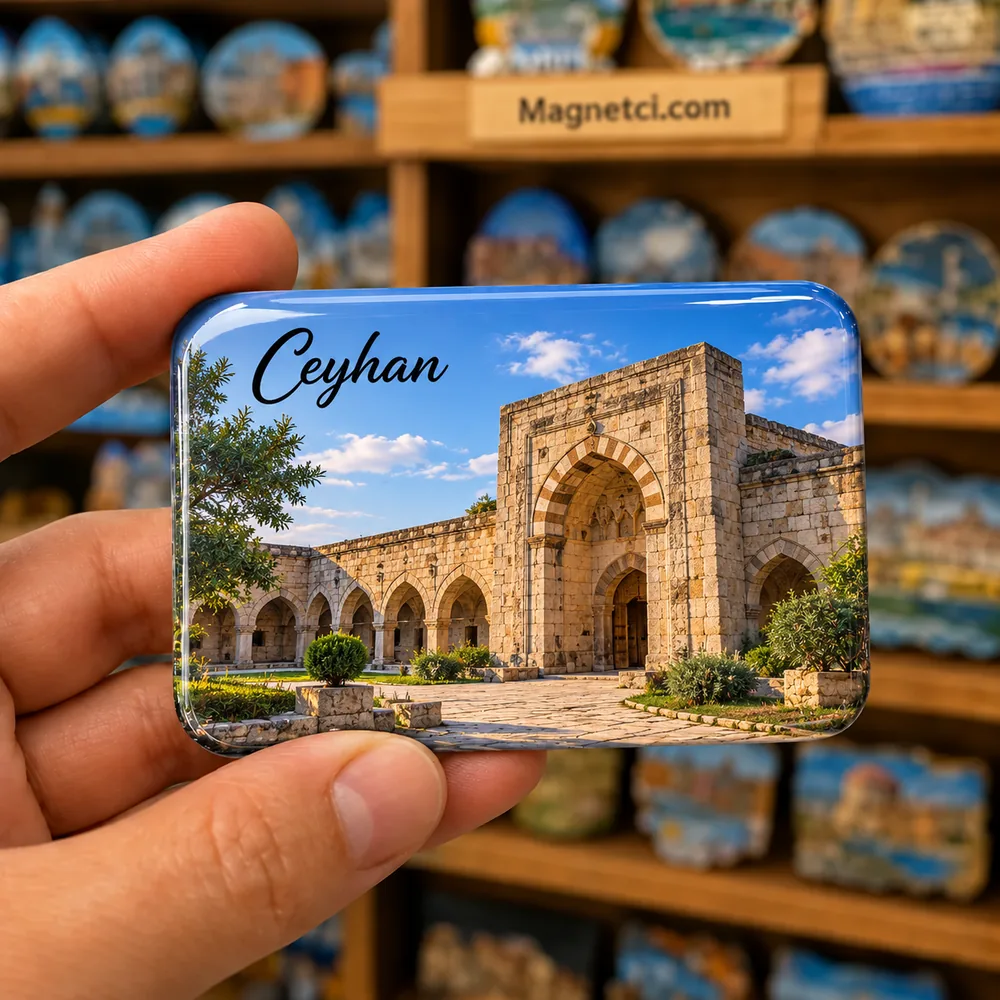 Adana Ceyhan Kurtkulağı Kervansarayı temalı elde tutulan parlak epoksi souvenir magnet