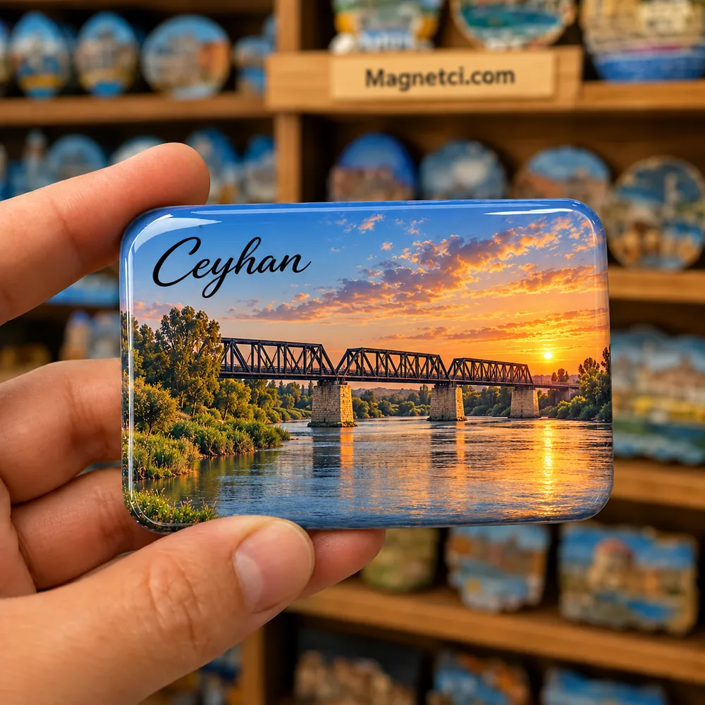 Adana Ceyhan Nehri ve tarihî demir köprü temalı elde tutulan parlak epoksi souvenir magnet