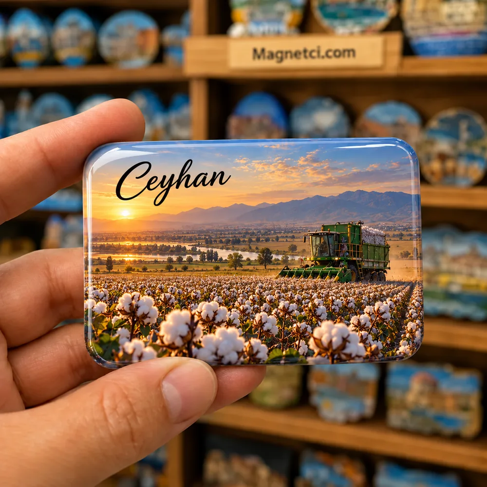 Adana Ceyhan Çukurova pamuk tarlası ve beyaz altın temalı elde tutulan parlak epoksi souvenir magnet