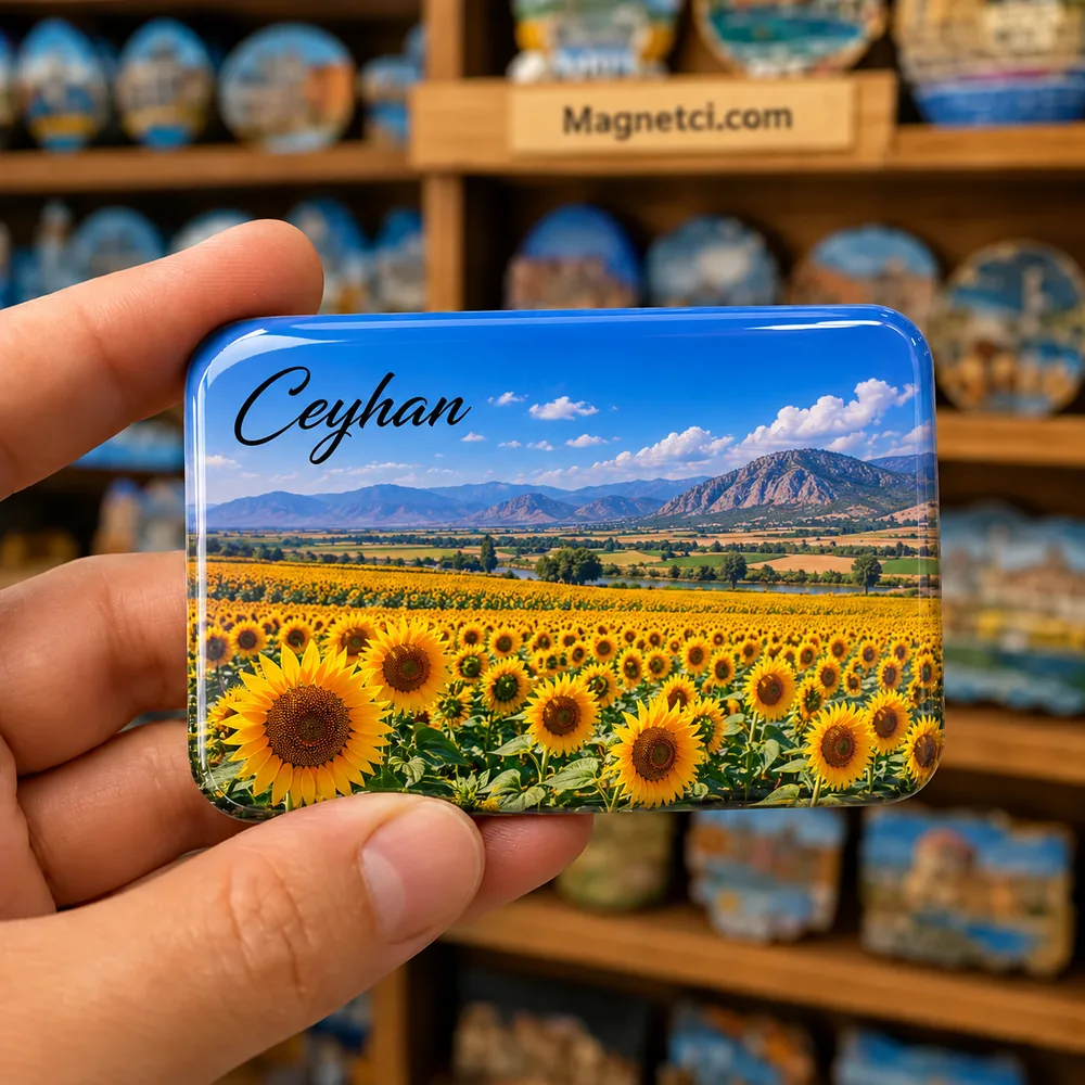Adana Ceyhan ayçiçeği tarlası temalı elde tutulan parlak epoksi souvenir magnet