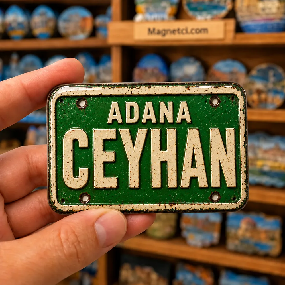 Adana Ceyhan için yeşil ve beyaz renkli tin plate görünümlü parlak epoksi souvenir magnet