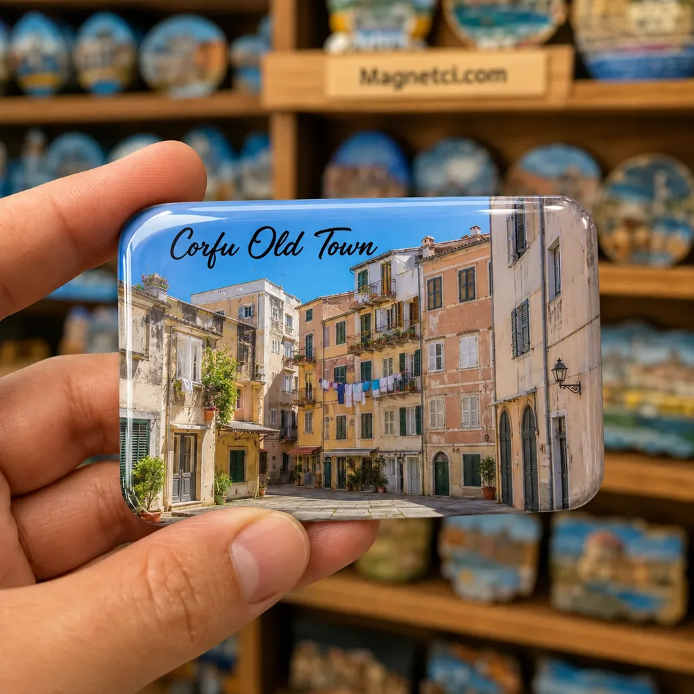 Corfu Old Town Campiello Bölgesi ve Dar Sokakları epoksi magnet COR-06