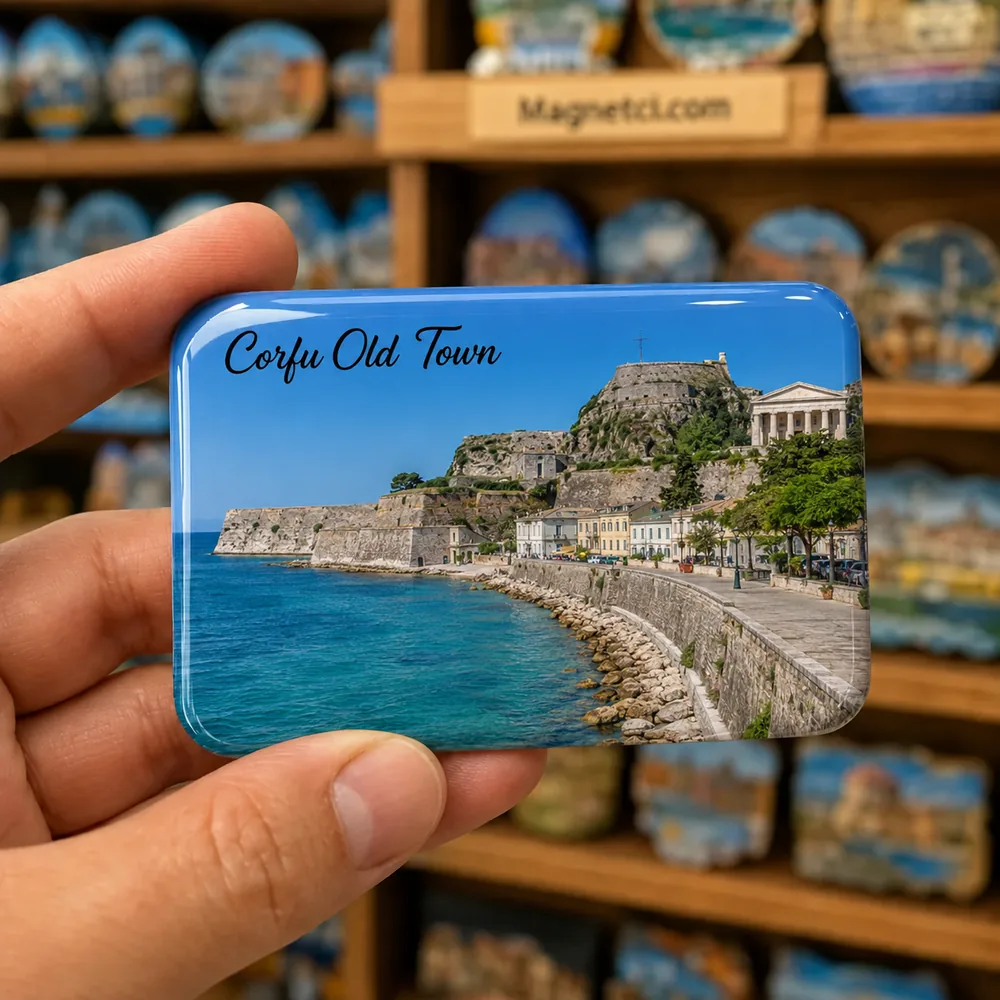 Corfu Old Town Faliraki Sahili ve Surlar epoksi magnet COR-11