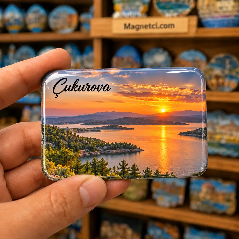 Adana Çukurova Seyhan Baraj Gölü gün batımı temalı elde tutulan parlak epoksi souvenir magnet