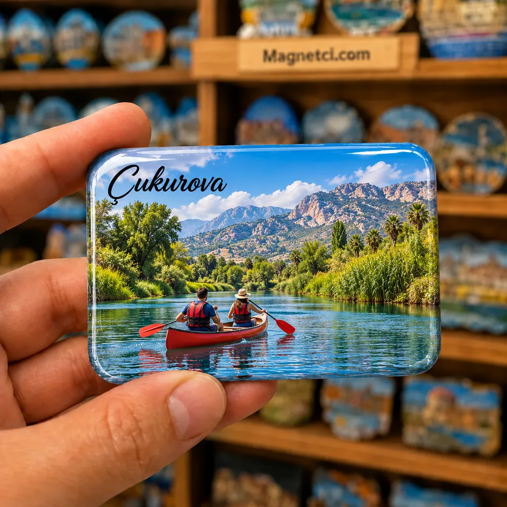 Adana Çukurova kano ve göl manzarası temalı elde tutulan parlak epoksi souvenir magnet