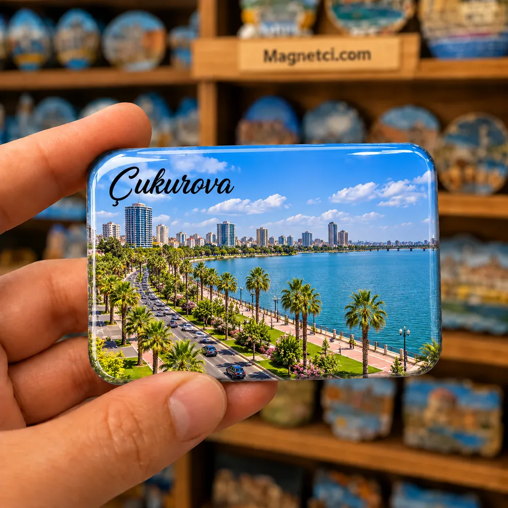 Adana Çukurova Adnan Menderes Bulvarı ve Seyhan Baraj Gölü temalı elde tutulan parlak epoksi souvenir magnet