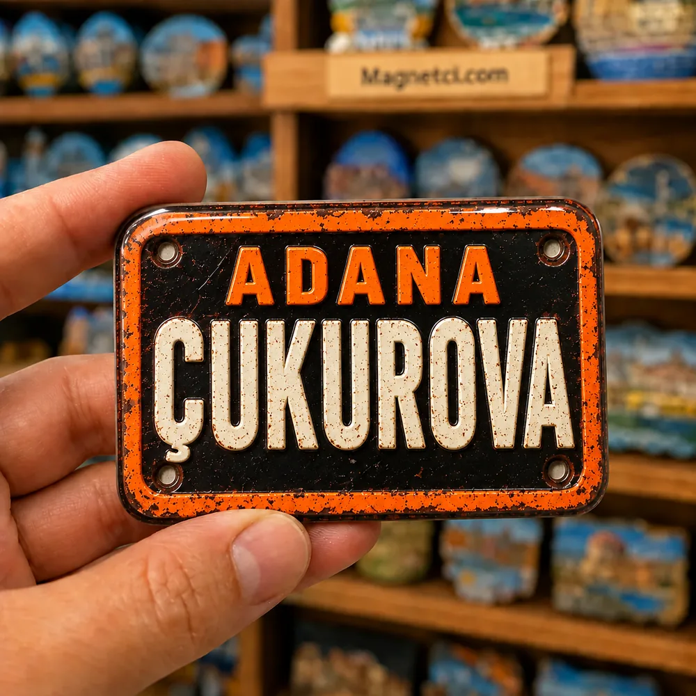 Adana Çukurova için siyah, turuncu ve beyaz renkli tin plate görünümlü parlak epoksi souvenir magnet