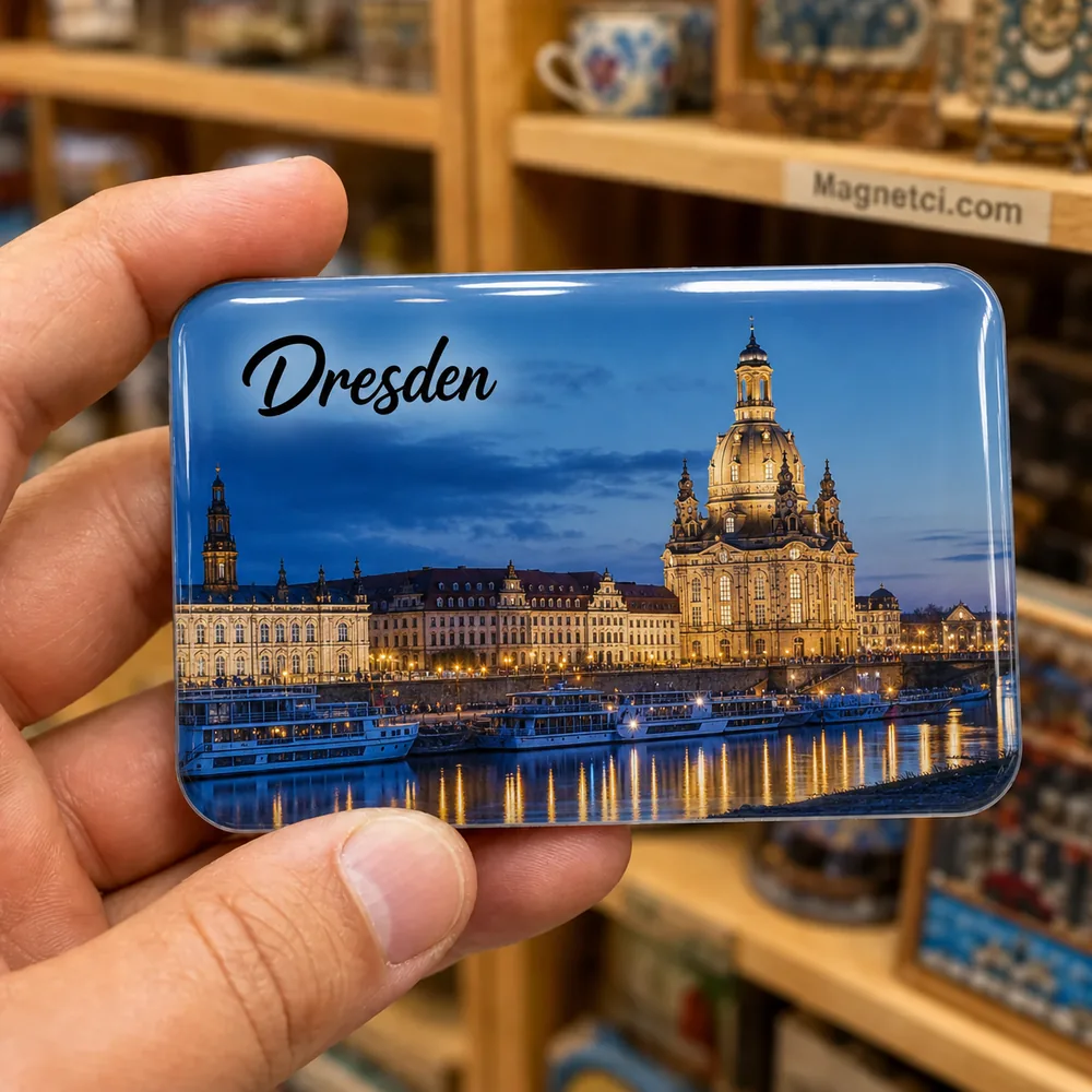 Dresden Frauenkirche ve Elbe Kıyısı Gece Panoraması Epoksi Magnet DRE-01