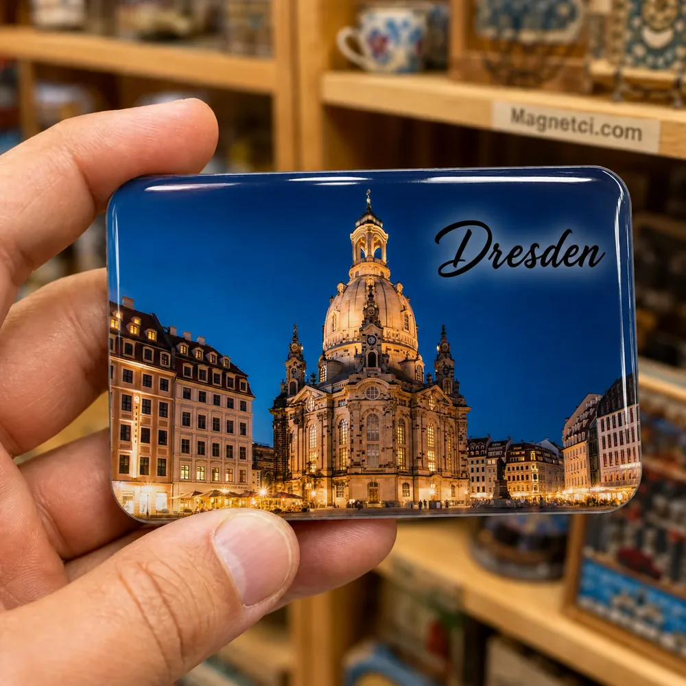 Dresden Frauenkirche ve Neumarkt Gece Görünümü Epoksi Magnet DRE-04