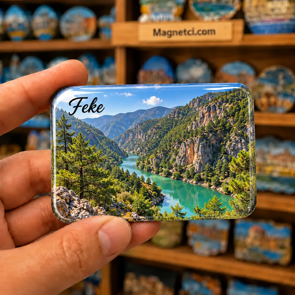 TR-ADN-FEK-02 — Adana Feke Göksu Nehri ve kanyonu temalı elde tutulan parlak epoksi souvenir magnet