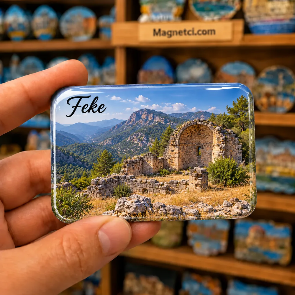 TR-ADN-FEK-04 — Vahka Manastırı temasından esinlenen, kemerli taş duvar ve kalıntı sahneli temsili epoksi magnet
