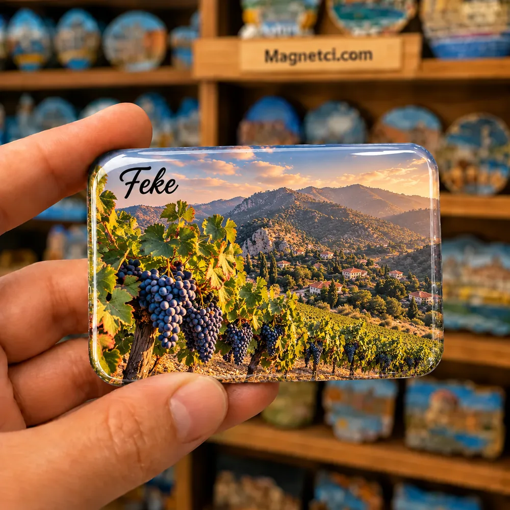 TR-ADN-FEK-09 — Feke bağcılığından esinlenen, koyu renk üzüm salkımları ve bağ sıraları içeren temsili epoksi magnet