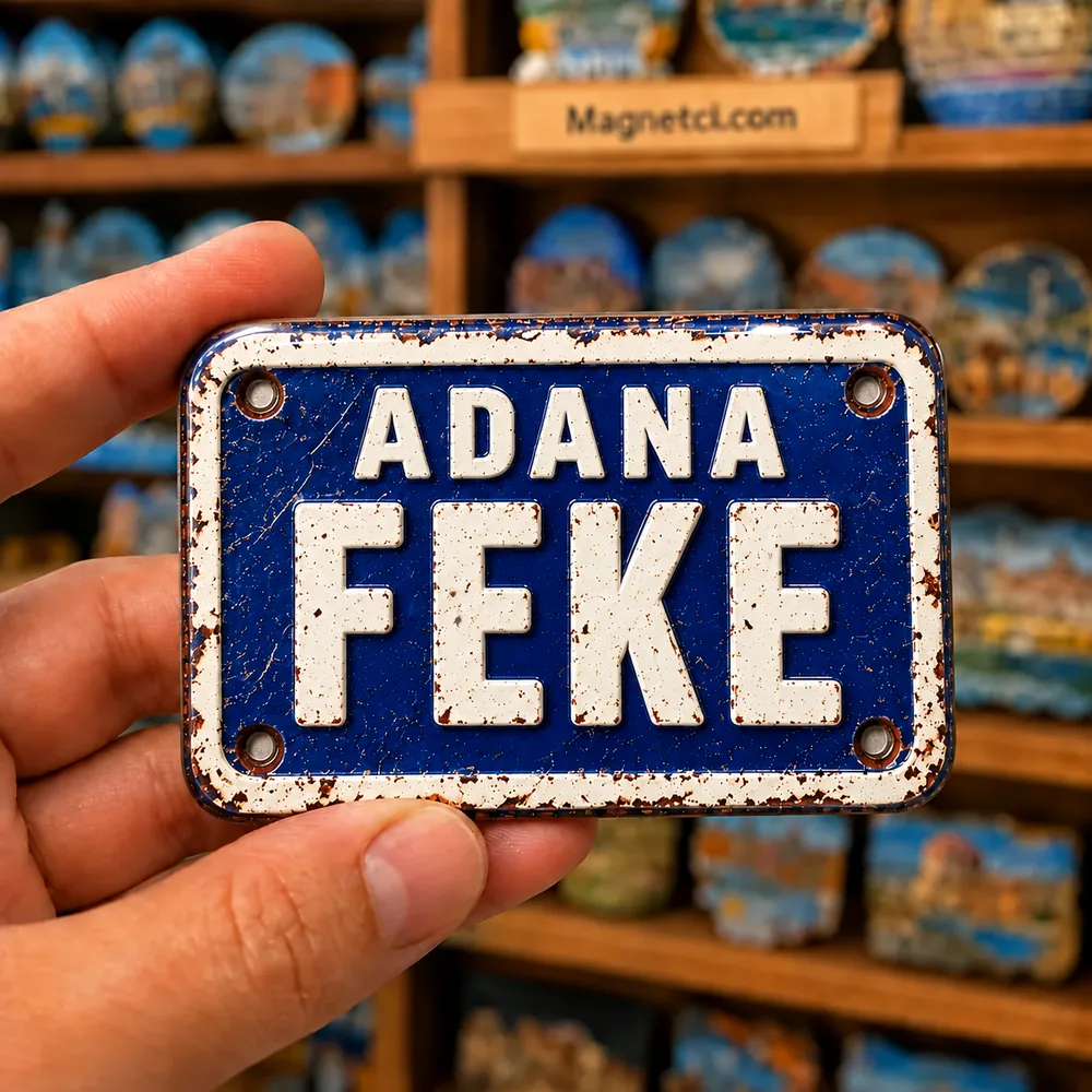 Adana Feke için mavi ve beyaz renkli tin plate görünümlü parlak epoksi souvenir magnet