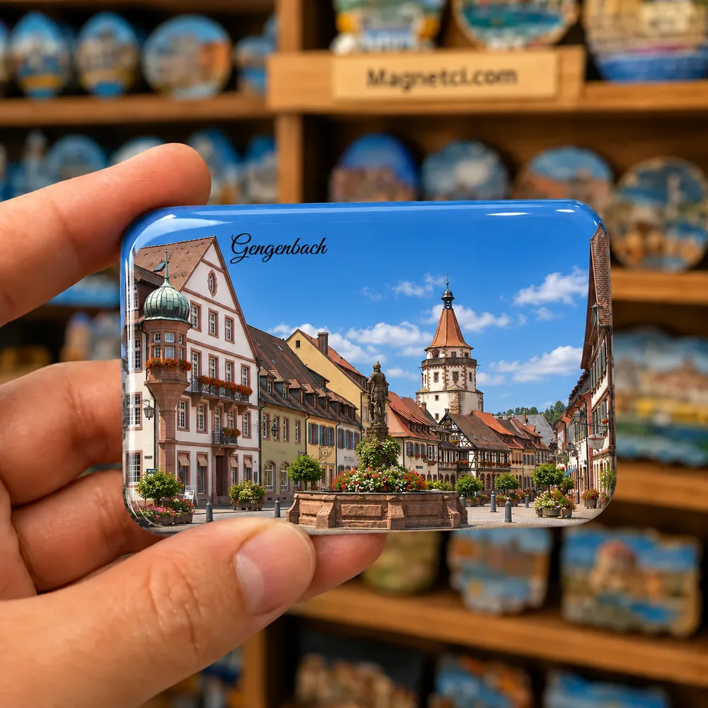 Gengenbach Marktplatz temalı, elde tutulan parlak epoksi souvenir magnet örneği