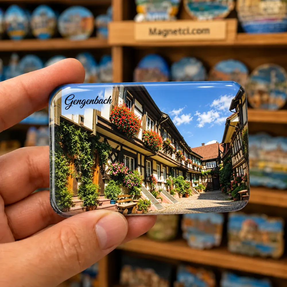 Gengenbach Engelgasse temalı, elde tutulan parlak epoksi souvenir magnet örneği
