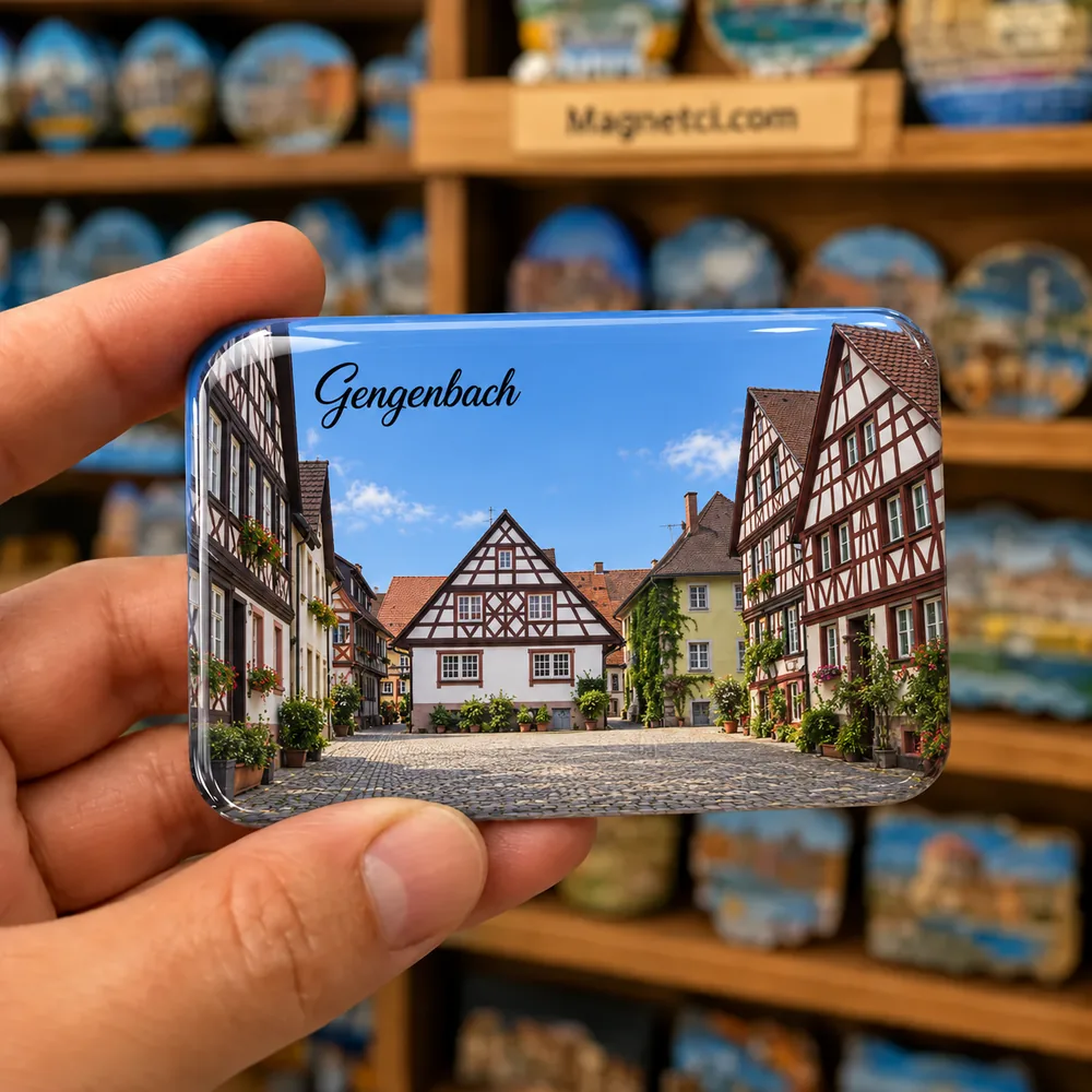 Gengenbach Höllengasse temalı, elde tutulan parlak epoksi souvenir magnet örneği