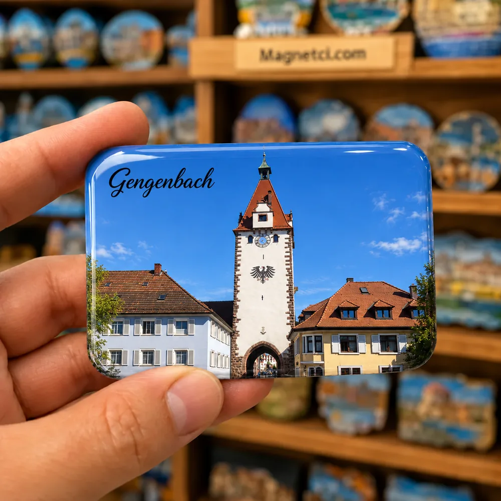 Gengenbach Kinzigtor temalı, elde tutulan parlak epoksi souvenir magnet örneği