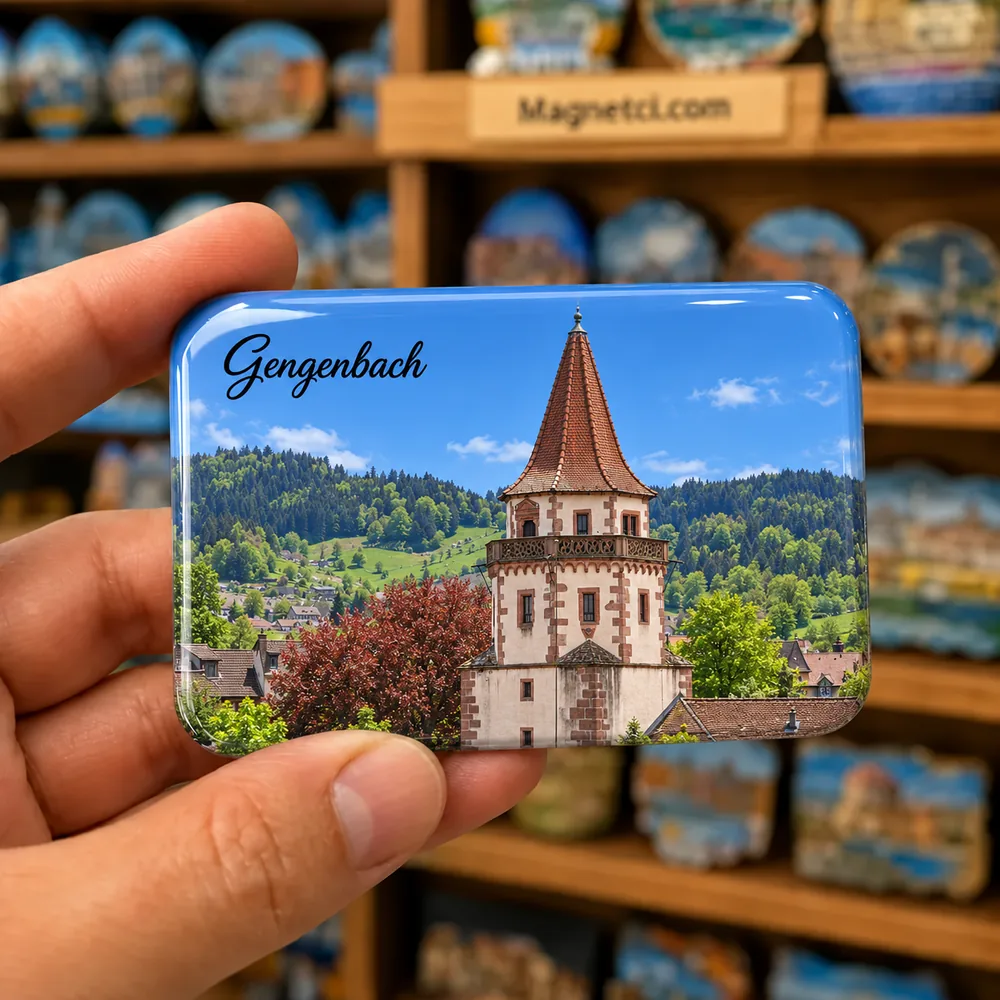 Gengenbach Niggelturm temalı, elde tutulan parlak epoksi souvenir magnet örneği