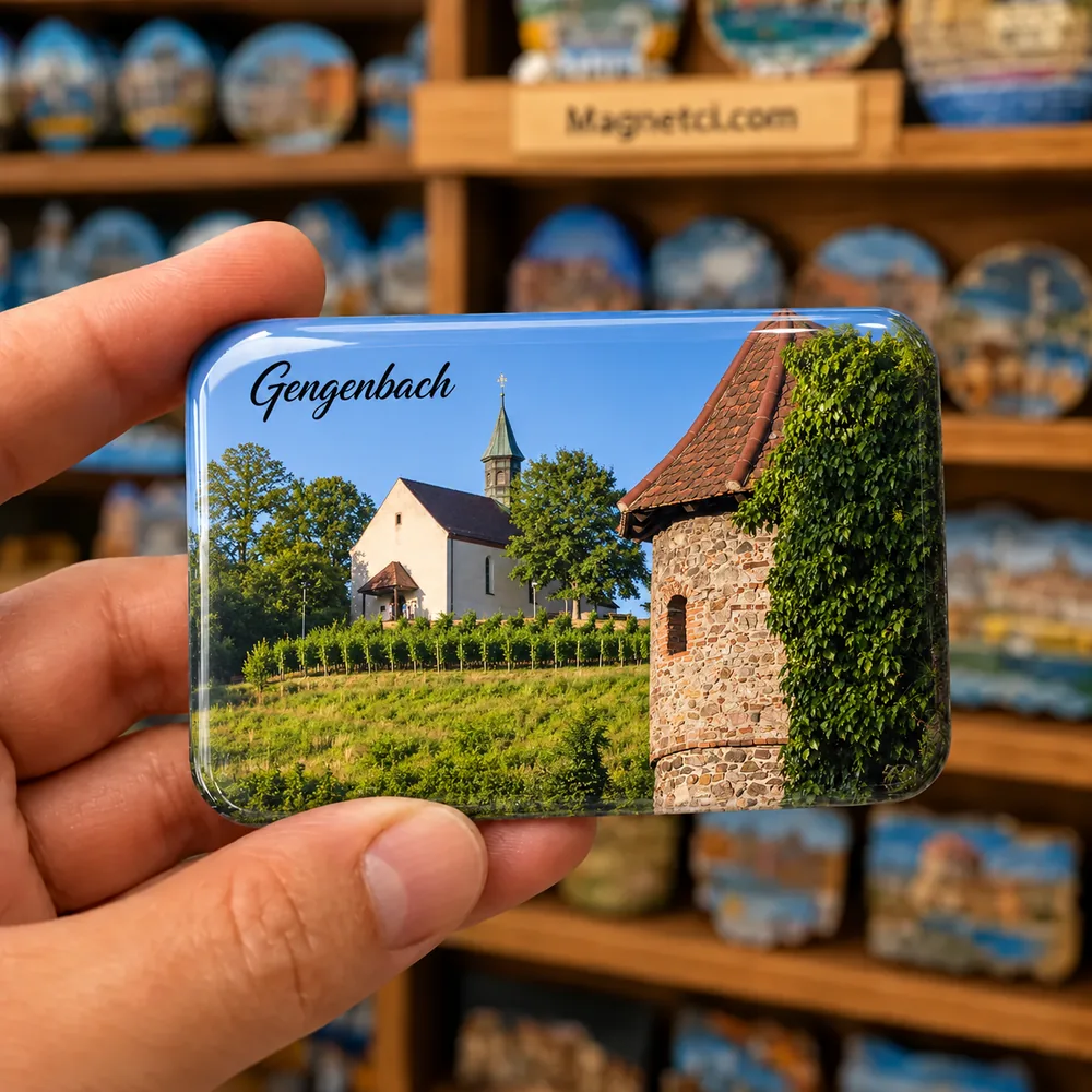 Gengenbach Jakobuskapelle temalı, elde tutulan parlak epoksi souvenir magnet örneği
