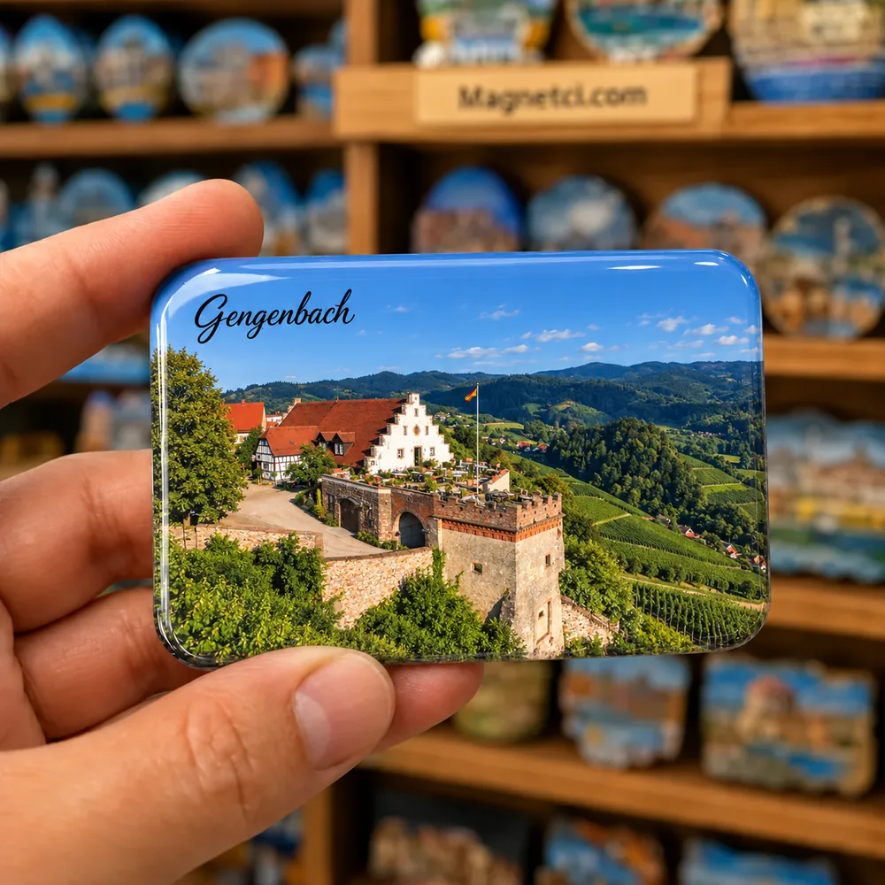 Gengenbach koleksiyonu, Durbach çevresi Schloss Staufenberg temalı, elde tutulan parlak epoksi souvenir magnet örneği