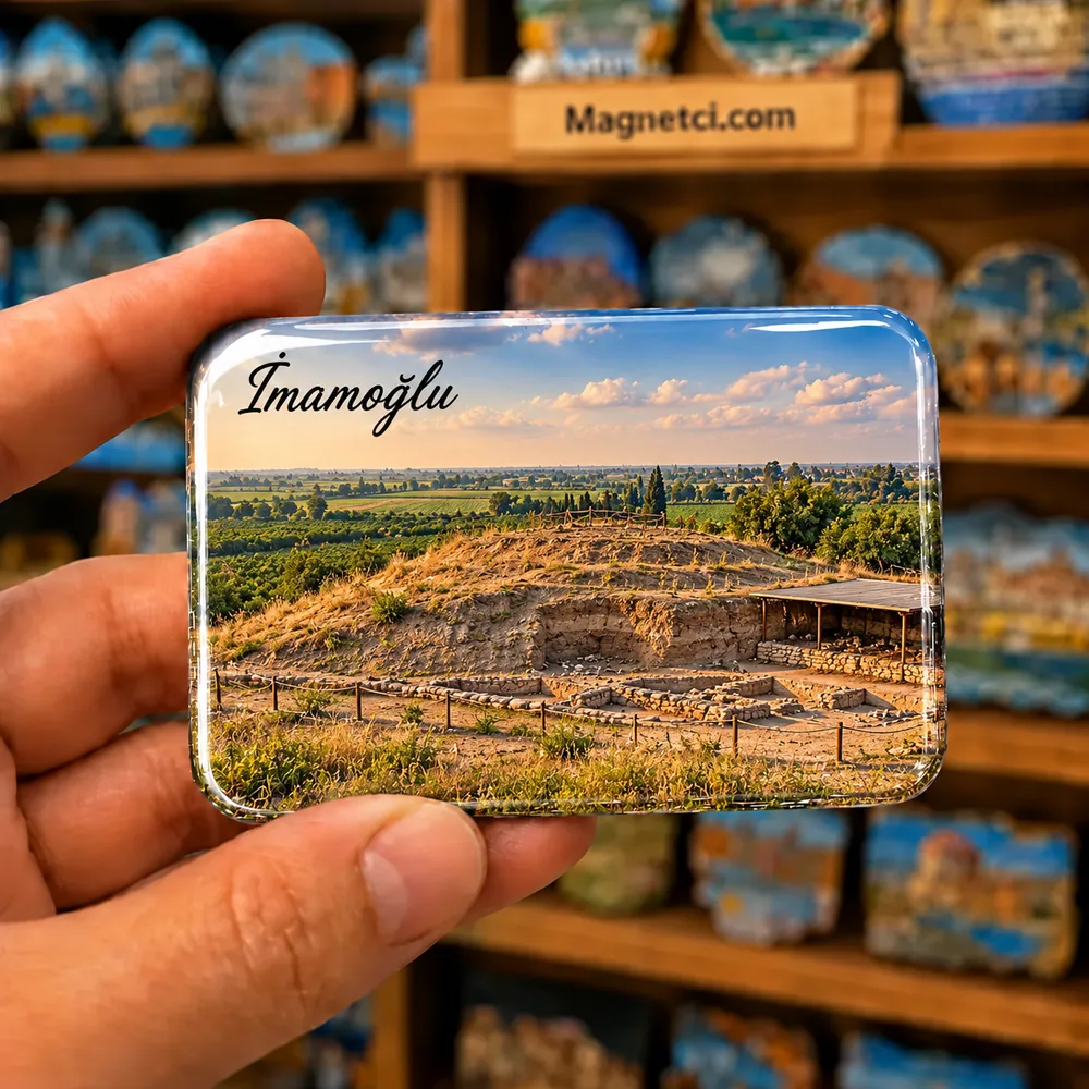 Adana İmamoğlu Pekmezci Höyük arkeolojik yerleşim izleri temalı elde tutulan parlak epoksi souvenir magnet