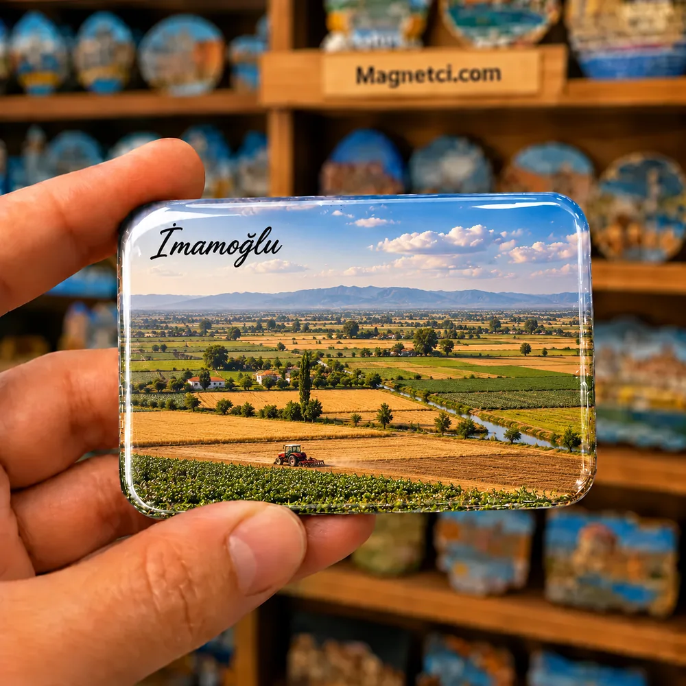 Adana İmamoğlu Ovası ve Çukurova tarım arazileri temalı elde tutulan parlak epoksi souvenir magnet