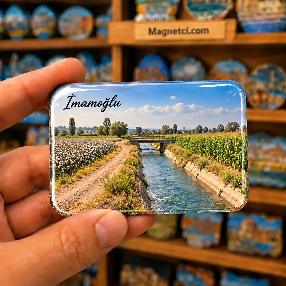 Adana İmamoğlu tarım alanları ve sulama kanalı temalı elde tutulan parlak epoksi souvenir magnet
