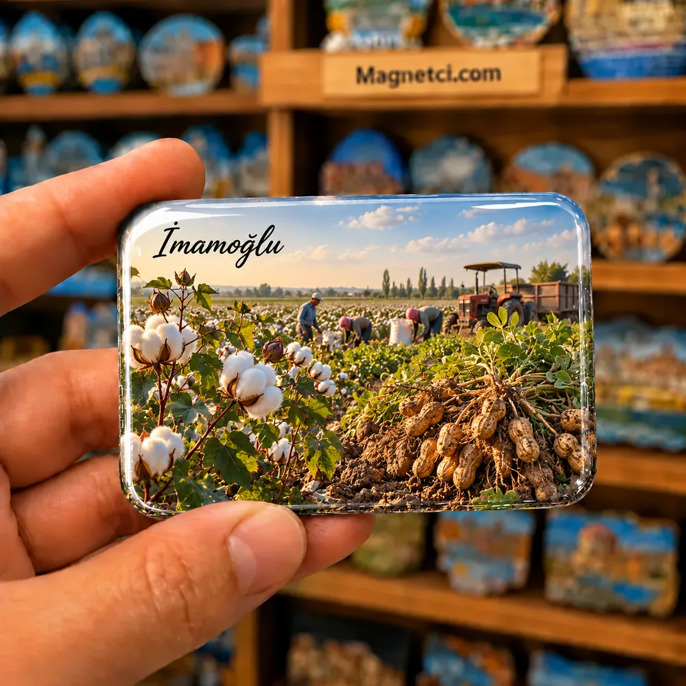 Adana İmamoğlu pamuk ve yer fıstığı hasadı temalı elde tutulan parlak epoksi souvenir magnet