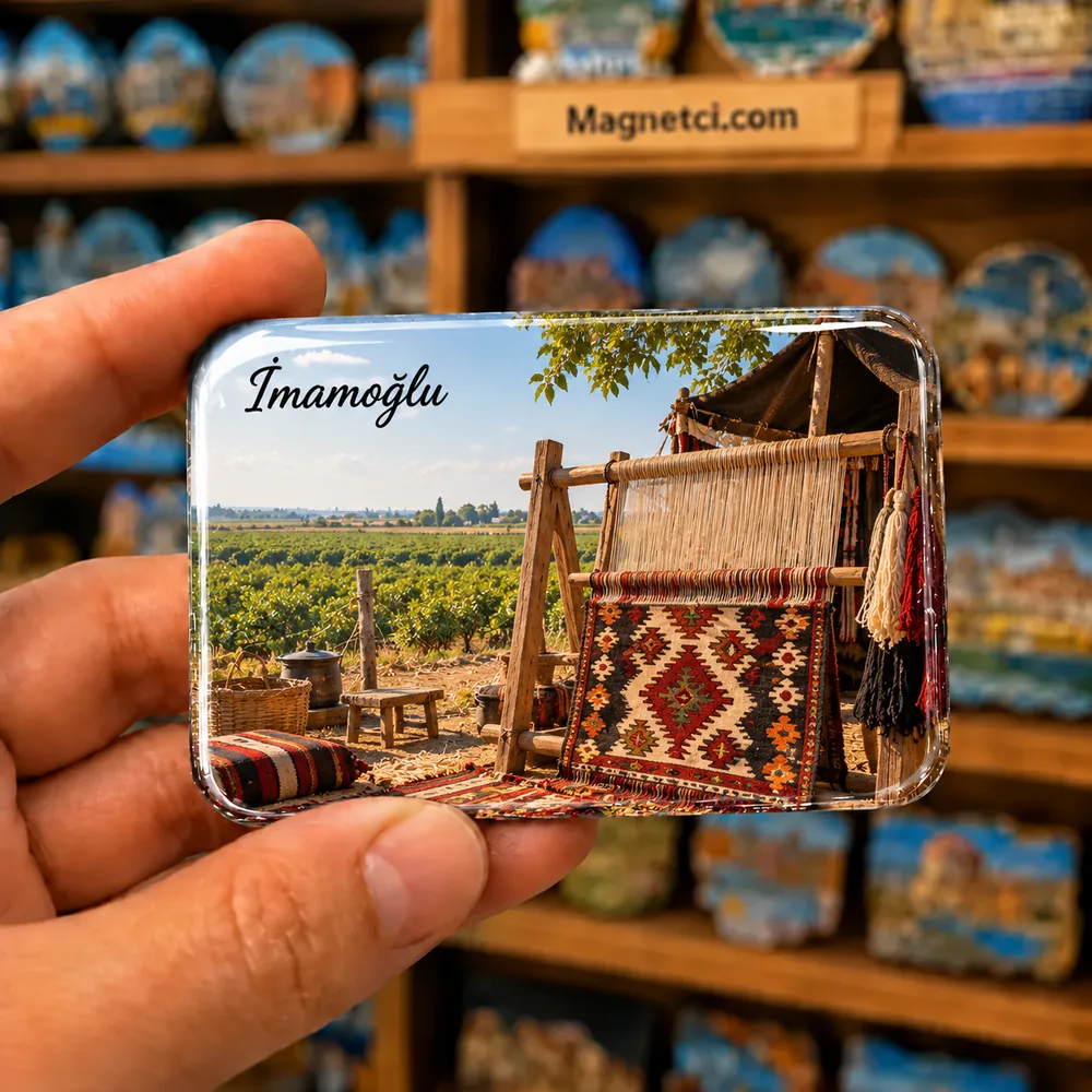 Adana İmamoğlu Yörük Türkmen dokuma tezgâhı ve kilim motifleri temalı elde tutulan parlak epoksi souvenir magnet