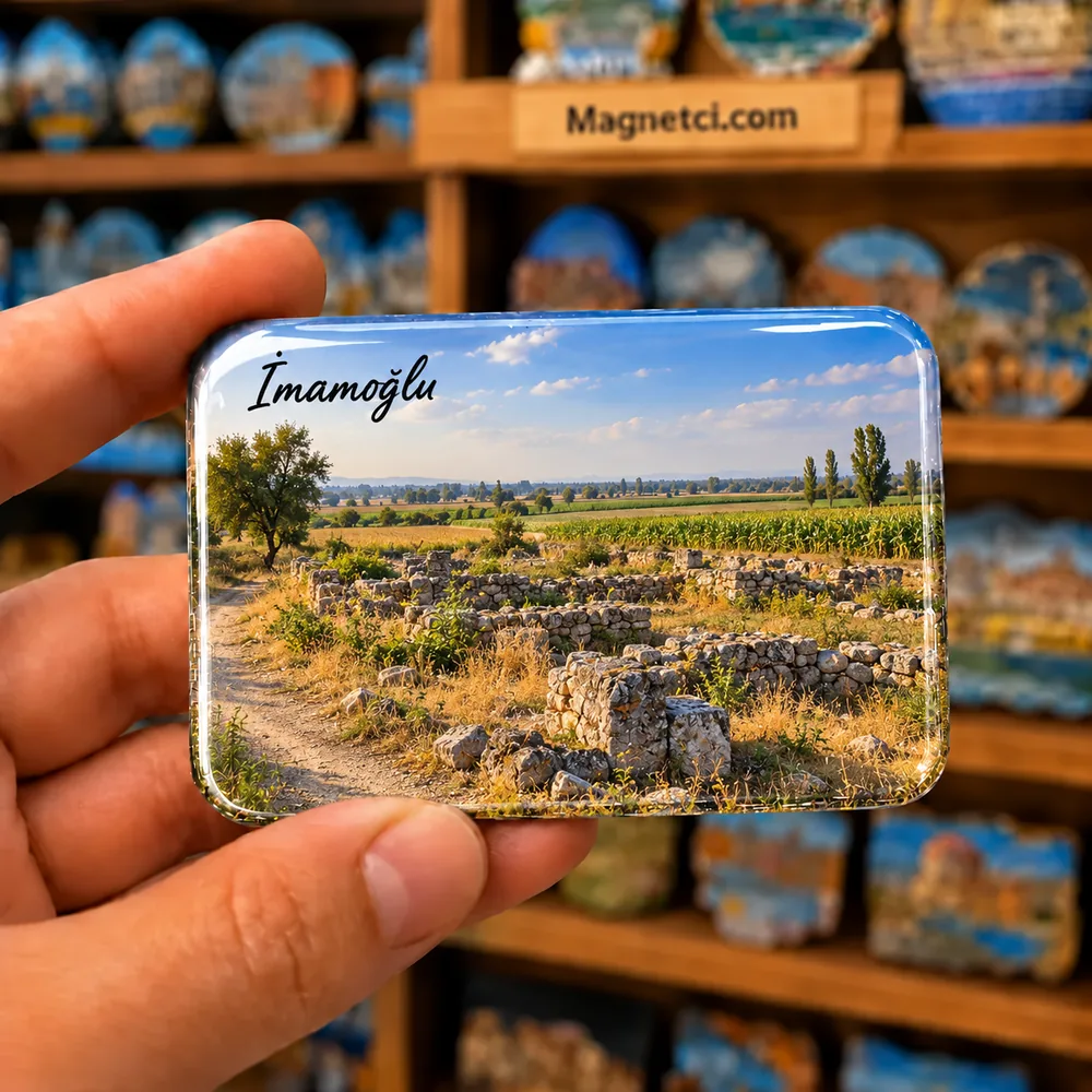 Adana İmamoğlu Çörten Koyunevi köyü taş kalıntıları temalı elde tutulan parlak epoksi souvenir magnet