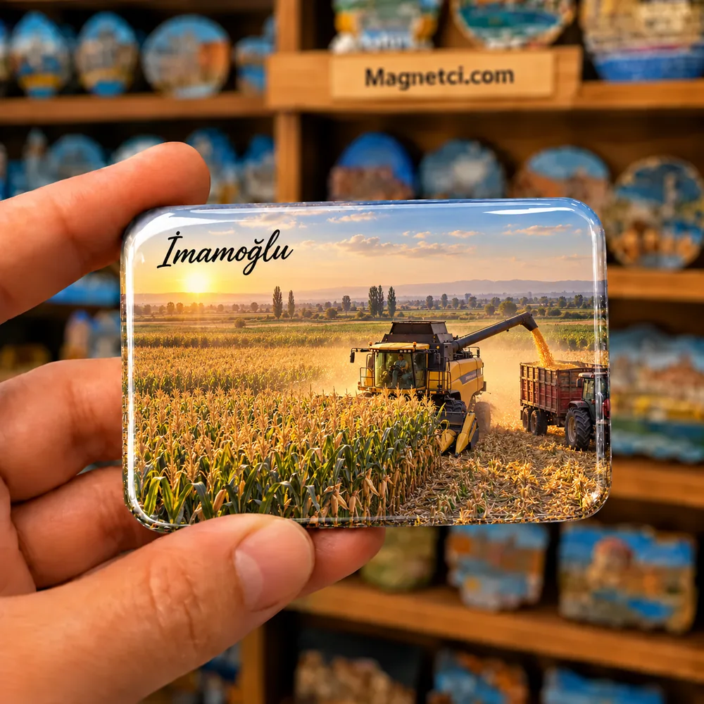 Adana İmamoğlu mısır tarlaları ve biçerdöverle hasat temalı elde tutulan parlak epoksi souvenir magnet