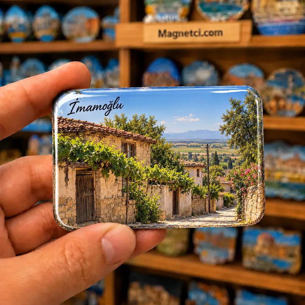 Adana İmamoğlu geleneksel kerpiç ve taş köy evleri temalı elde tutulan parlak epoksi souvenir magnet