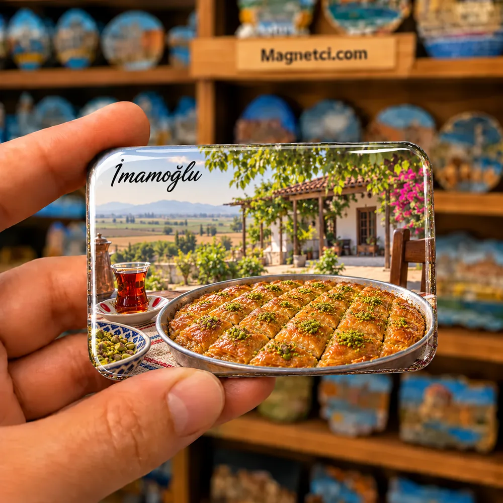 Adana İmamoğlu ev baklavası ve kırsal sofra kültürü temalı elde tutulan parlak epoksi souvenir magnet