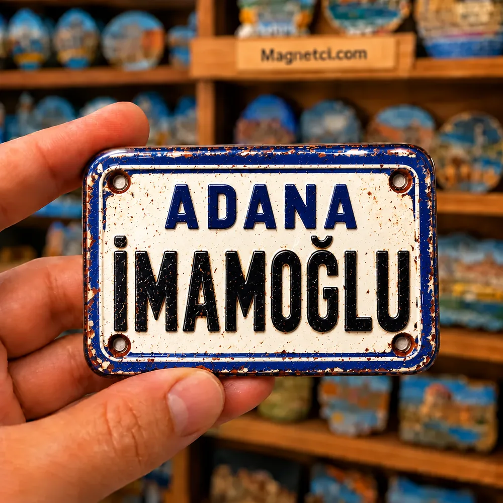 Adana İmamoğlu için beyaz, mavi ve siyah renkli tin plate görünümlü parlak epoksi souvenir magnet